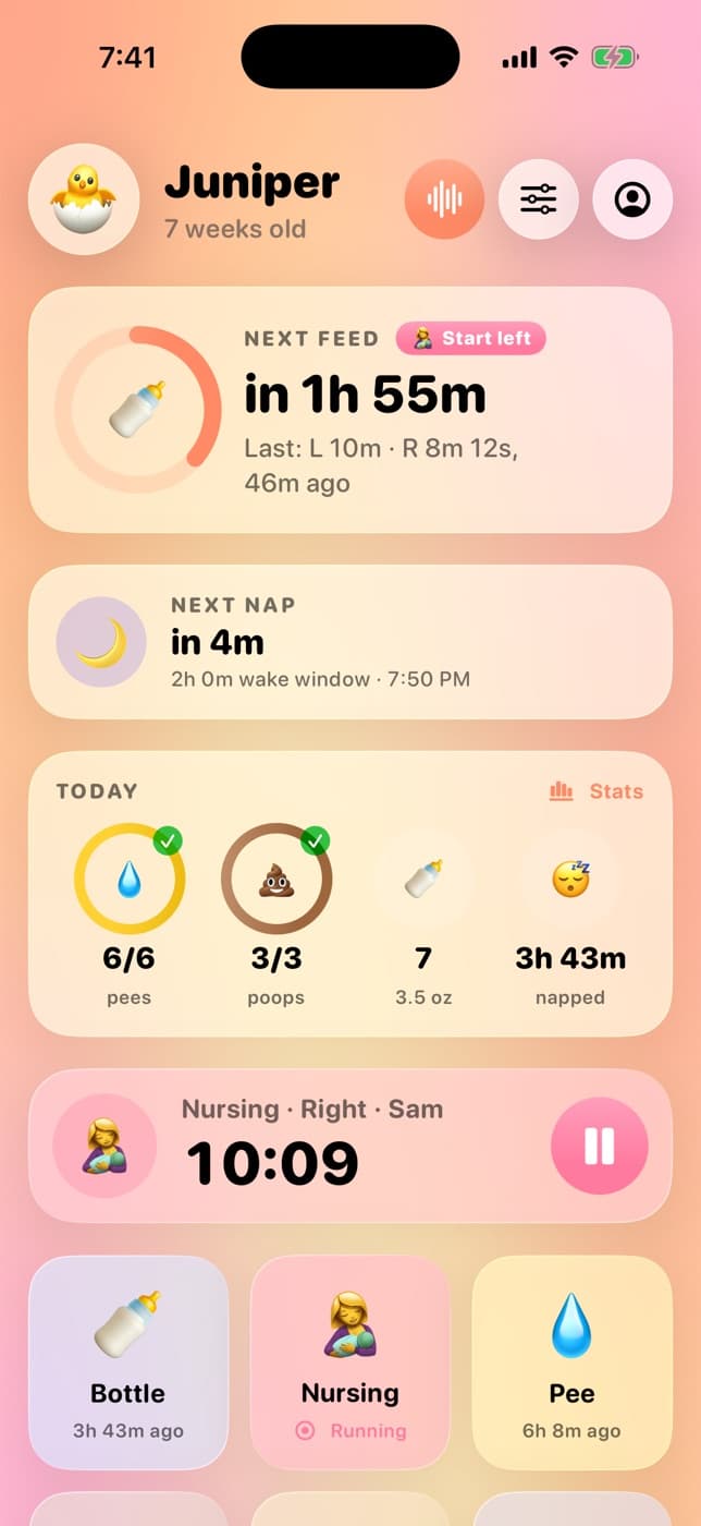 Poopyfeed home screen for Juniper, 7 weeks old, with a nursing timer running